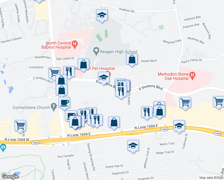 map of restaurants, bars, coffee shops, grocery stores, and more near 600 East Sonterra Boulevard in San Antonio