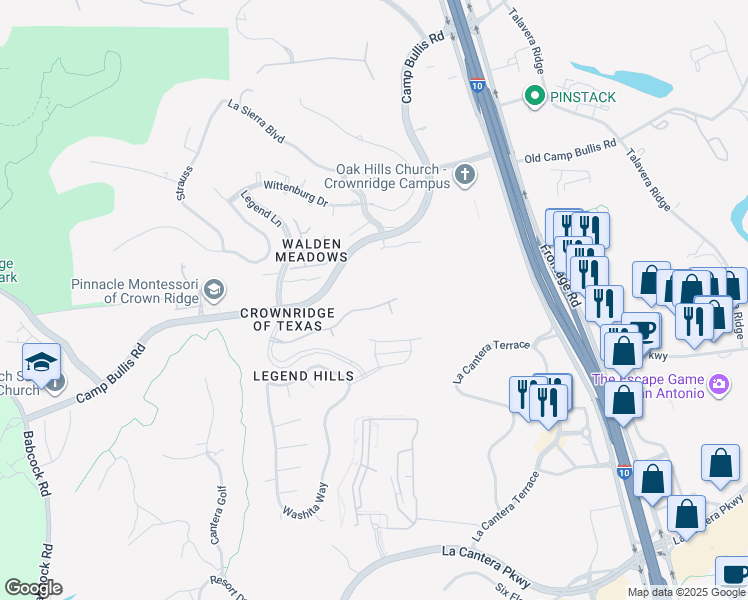 map of restaurants, bars, coffee shops, grocery stores, and more near 6502 Grove Creek Drive in San Antonio