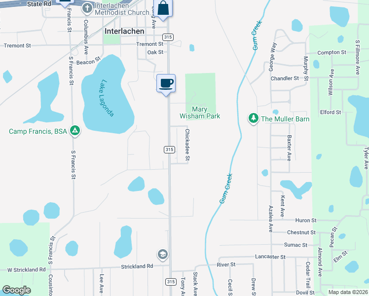 map of restaurants, bars, coffee shops, grocery stores, and more near 117 Chickadee Street in Interlachen