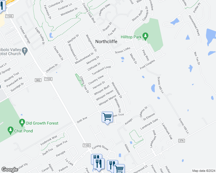 map of restaurants, bars, coffee shops, grocery stores, and more near 3432 Whisper Bluff in Cibolo