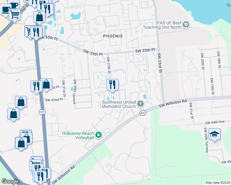 map of restaurants, bars, coffee shops, grocery stores, and more near 3911 Southwest 27th Street in Gainesville