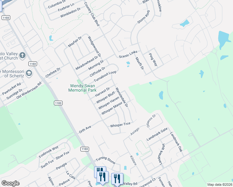 map of restaurants, bars, coffee shops, grocery stores, and more near 3450 Whisper Haven in Schertz