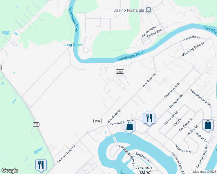 map of restaurants, bars, coffee shops, grocery stores, and more near 628 Happy Haven Road in McQueeney