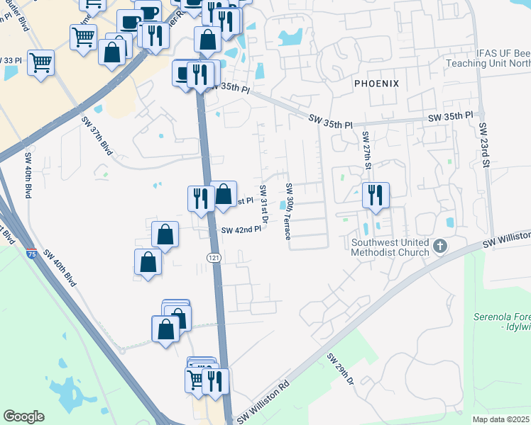map of restaurants, bars, coffee shops, grocery stores, and more near 3141 Southwest 42nd Place in Gainesville