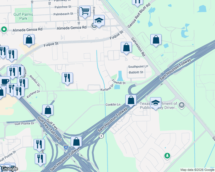 map of restaurants, bars, coffee shops, grocery stores, and more near Kurland Drive in Houston