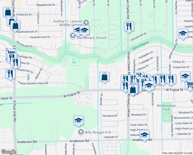 map of restaurants, bars, coffee shops, grocery stores, and more near 14526 Buxley Street in Houston