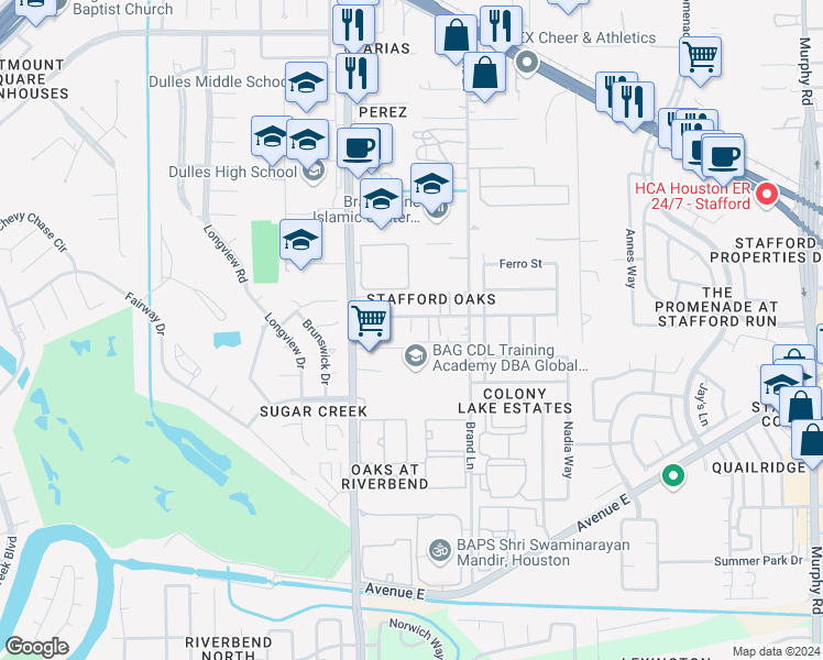 map of restaurants, bars, coffee shops, grocery stores, and more near 842 Brand Lane in Stafford
