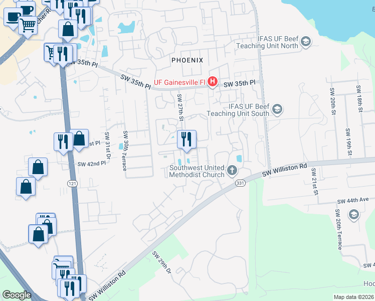 map of restaurants, bars, coffee shops, grocery stores, and more near 3901 Southwest 27th Street in Gainesville