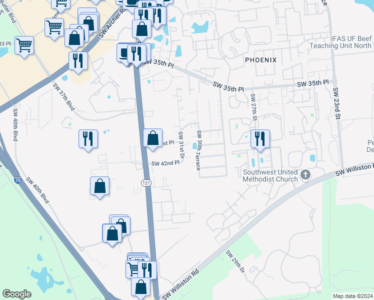 map of restaurants, bars, coffee shops, grocery stores, and more near 4203 Southwest 31st Drive in Gainesville