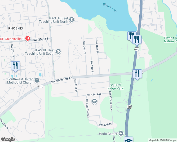 map of restaurants, bars, coffee shops, grocery stores, and more near 1918 Southwest Williston Road in Gainesville