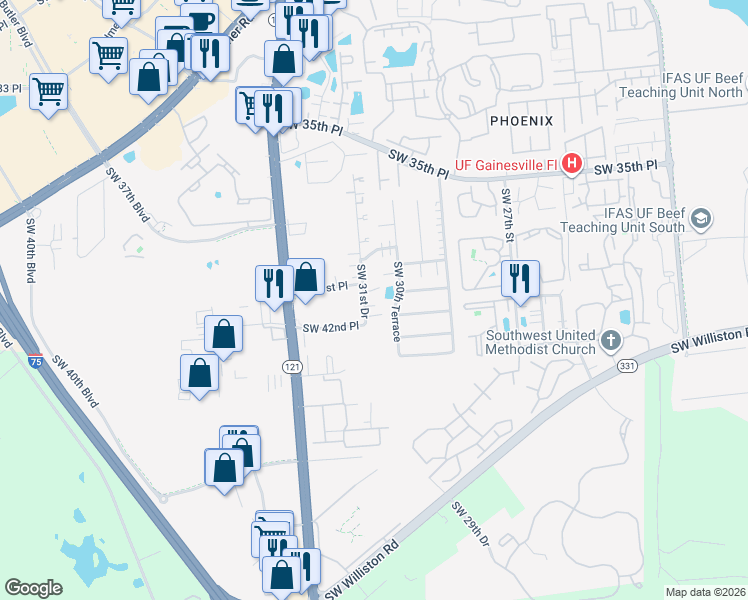 map of restaurants, bars, coffee shops, grocery stores, and more near 3902 Southwest 30th Terrace in Gainesville