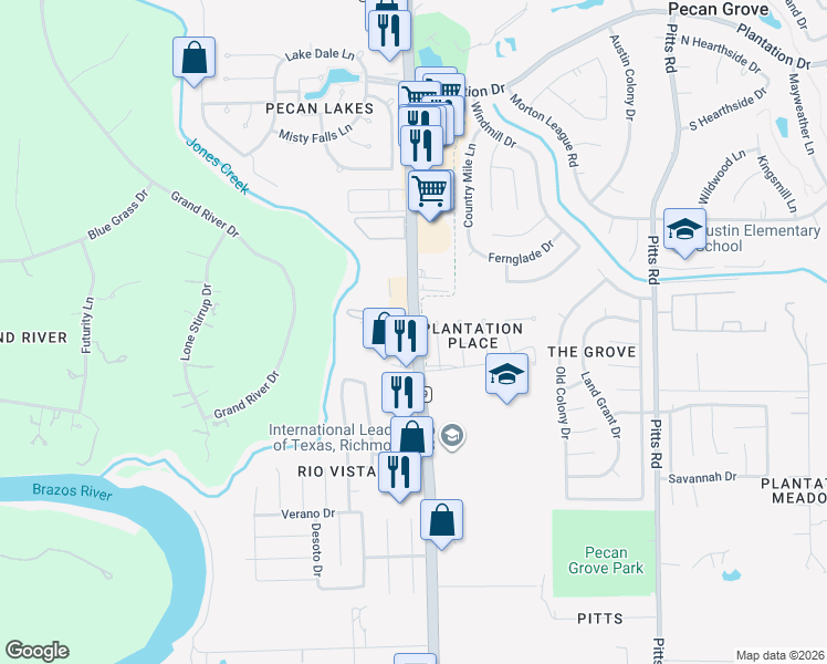 map of restaurants, bars, coffee shops, grocery stores, and more near 1385 Farm to Market 359 in Richmond
