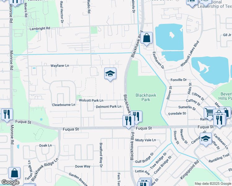 map of restaurants, bars, coffee shops, grocery stores, and more near 10327 South over Court in Houston