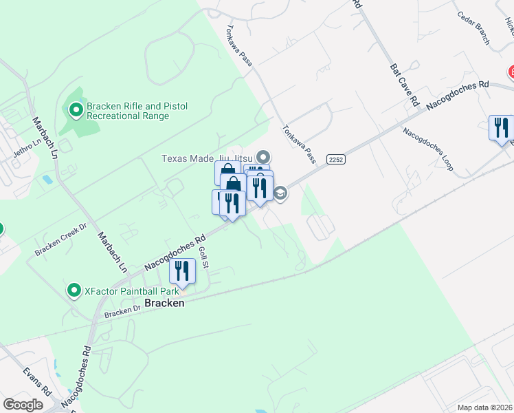 map of restaurants, bars, coffee shops, grocery stores, and more near 18816 Farm to Market 2252 in San Antonio