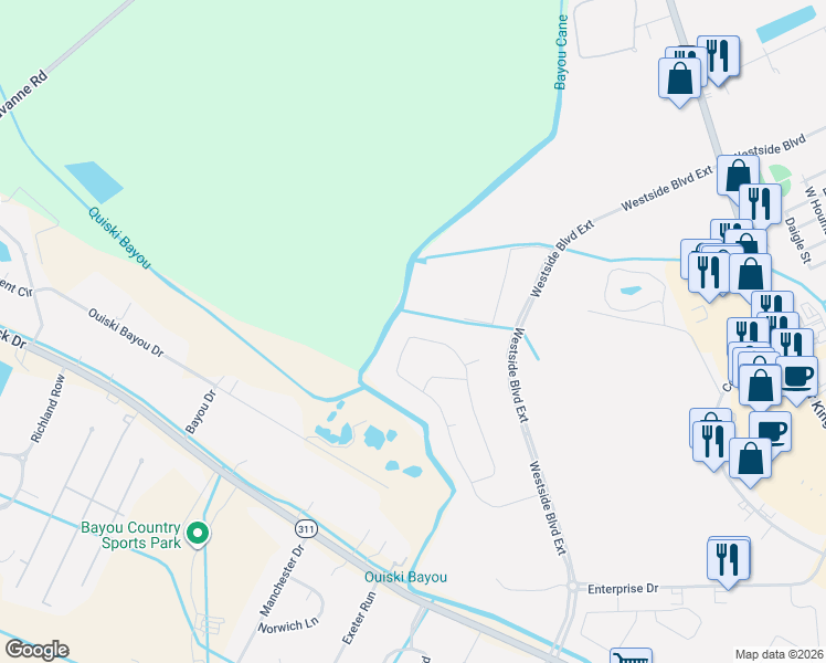 map of restaurants, bars, coffee shops, grocery stores, and more near Westside Boulevard Extension in Houma