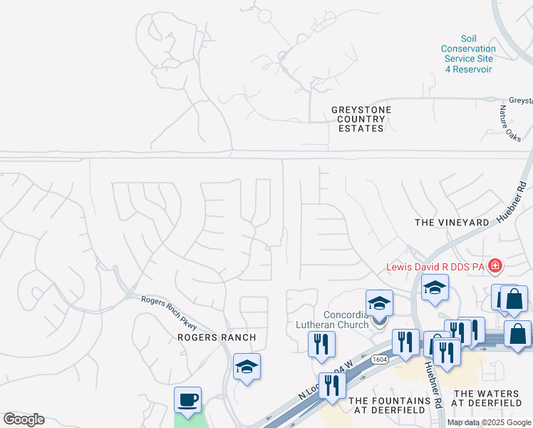 map of restaurants, bars, coffee shops, grocery stores, and more near 18718 Rogers Pass in San Antonio
