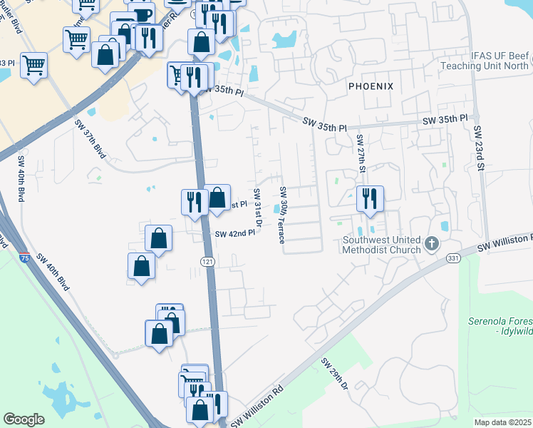 map of restaurants, bars, coffee shops, grocery stores, and more near 4125 Southwest 31st Drive in Gainesville