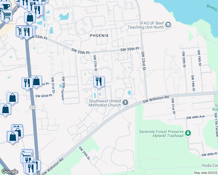 map of restaurants, bars, coffee shops, grocery stores, and more near 3936 Southwest 26th Terrace in Gainesville
