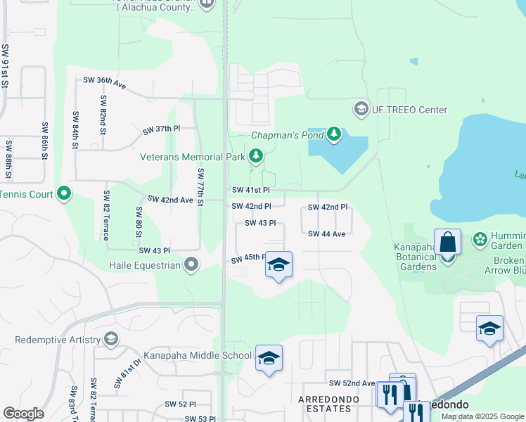 map of restaurants, bars, coffee shops, grocery stores, and more near 7303 Southwest 43 Place in Gainesville