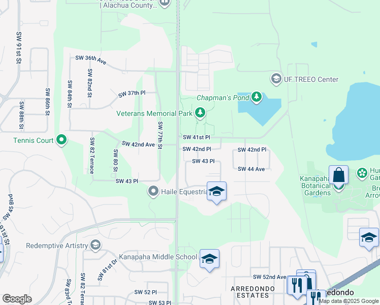 map of restaurants, bars, coffee shops, grocery stores, and more near 4320 Southwest 74th Terrace in Gainesville