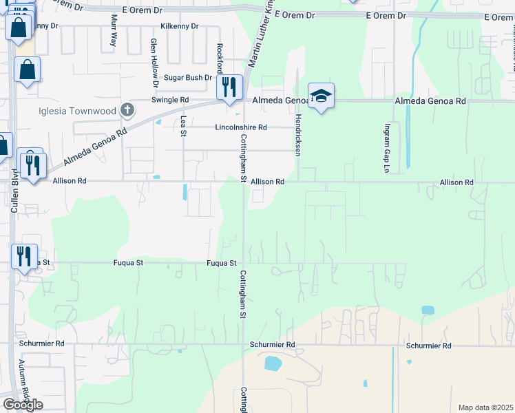 map of restaurants, bars, coffee shops, grocery stores, and more near 13319 Cottingham Street in Houston