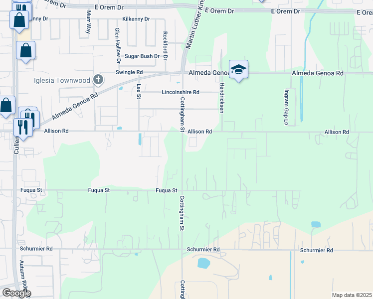 map of restaurants, bars, coffee shops, grocery stores, and more near 13319 Cottingham Street in Houston