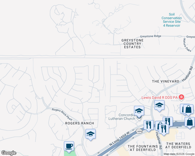 map of restaurants, bars, coffee shops, grocery stores, and more near 18718 Rogers Pass in San Antonio