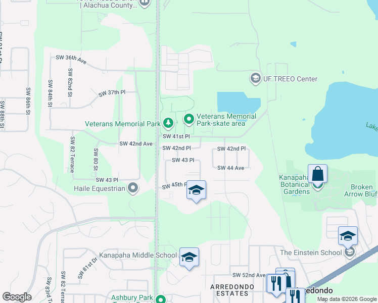 map of restaurants, bars, coffee shops, grocery stores, and more near 7303 Southwest 43 Place in Gainesville