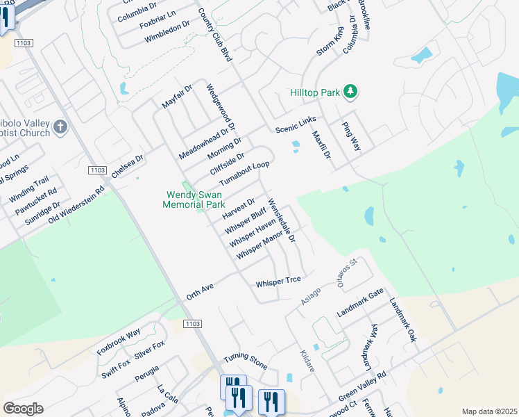 map of restaurants, bars, coffee shops, grocery stores, and more near 3416 Whisper Bluff in Schertz