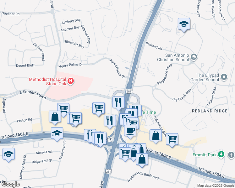 map of restaurants, bars, coffee shops, grocery stores, and more near 18565 U.S. 281 in San Antonio