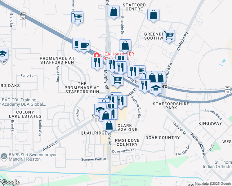 map of restaurants, bars, coffee shops, grocery stores, and more near E Street in Stafford