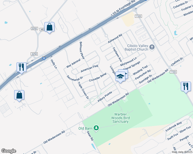 map of restaurants, bars, coffee shops, grocery stores, and more near 2616 Patron Vil in Schertz