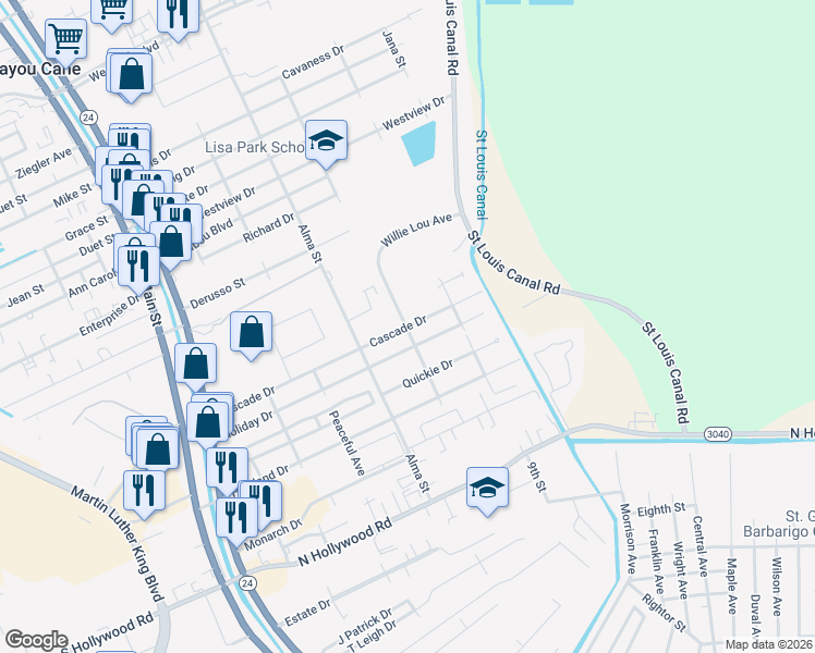 map of restaurants, bars, coffee shops, grocery stores, and more near 501 Cascade Drive in Houma