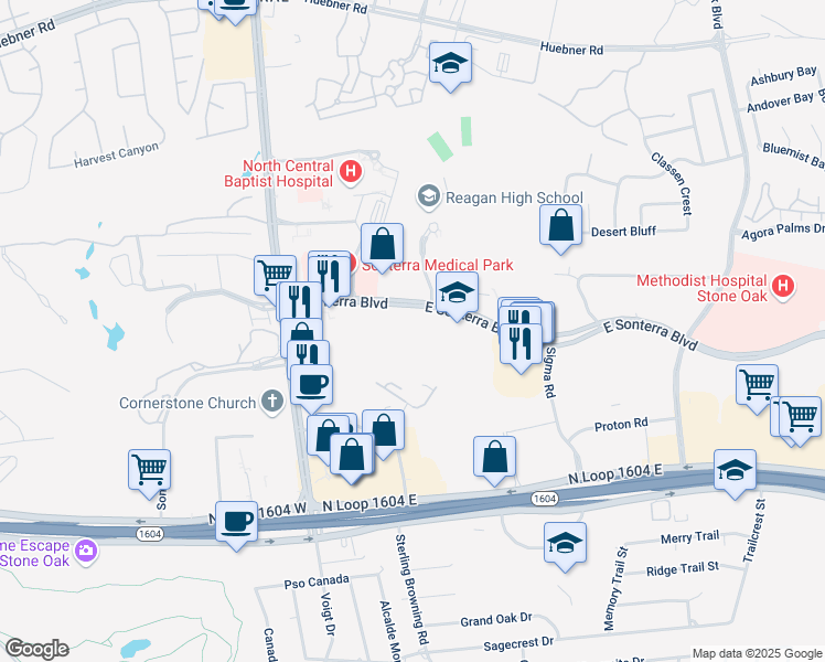 map of restaurants, bars, coffee shops, grocery stores, and more near 300 East Sonterra Boulevard in San Antonio