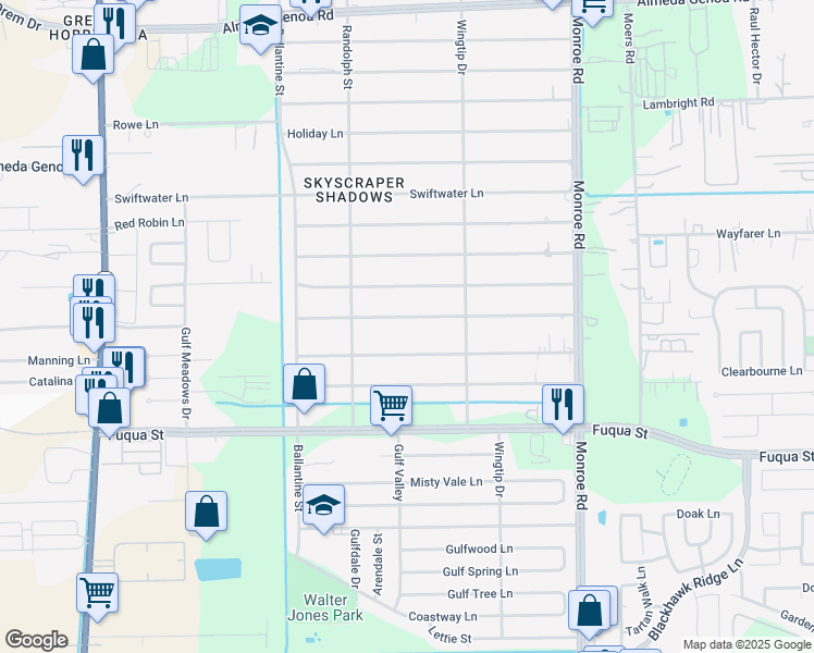 map of restaurants, bars, coffee shops, grocery stores, and more near 8127 Folkstone Lane in Houston