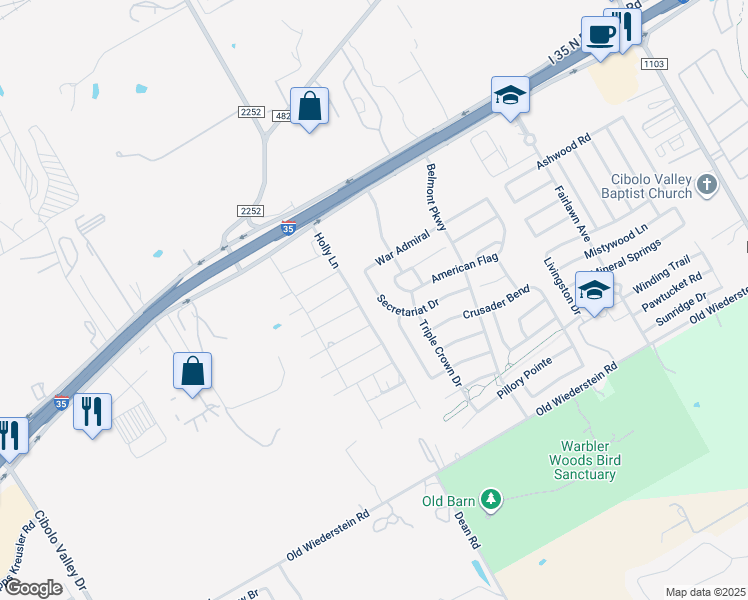 map of restaurants, bars, coffee shops, grocery stores, and more near 829 Secretariat Drive in Schertz