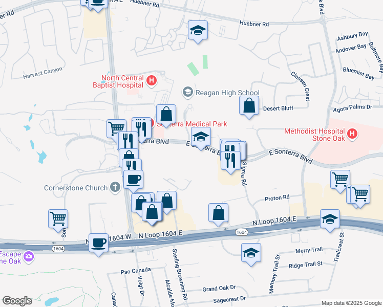 map of restaurants, bars, coffee shops, grocery stores, and more near 300 East Sonterra Boulevard in San Antonio