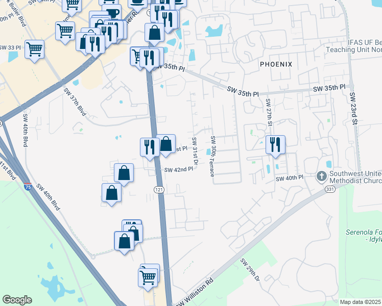 map of restaurants, bars, coffee shops, grocery stores, and more near 3143 Southwest 41st Place in Gainesville