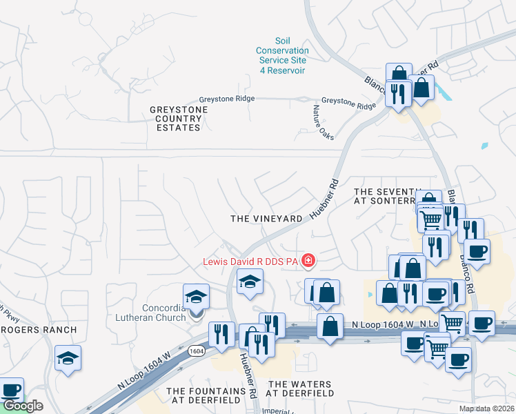 map of restaurants, bars, coffee shops, grocery stores, and more near 1744 La Mancia in San Antonio