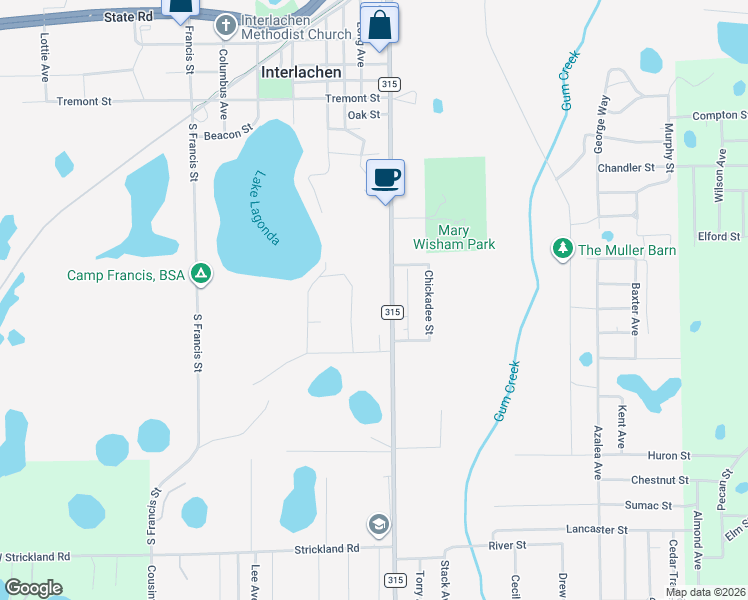 map of restaurants, bars, coffee shops, grocery stores, and more near 196 County Road 315 in Interlachen