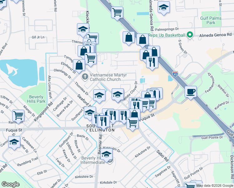 map of restaurants, bars, coffee shops, grocery stores, and more near 10601 Sabo Road in Houston