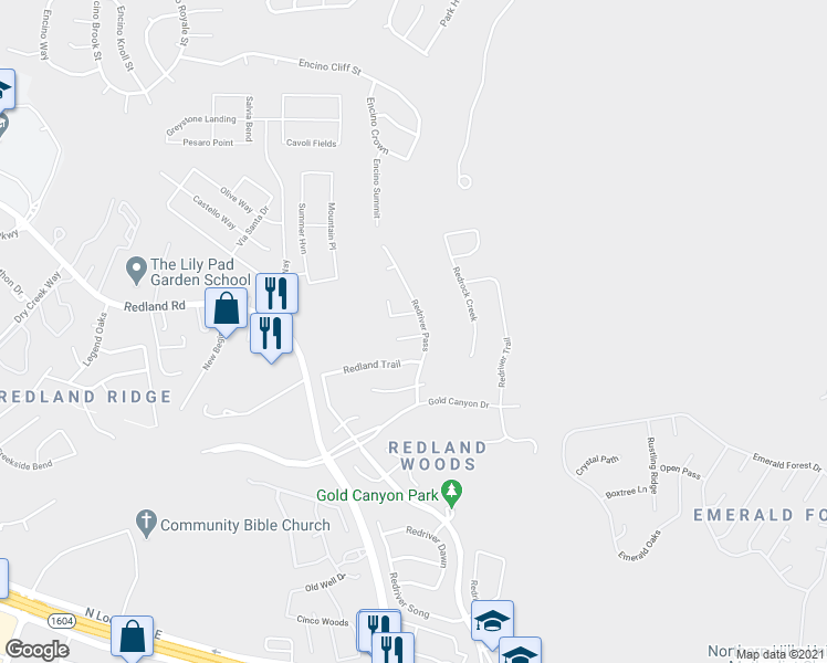 map of restaurants, bars, coffee shops, grocery stores, and more near 2827 Redrock Trail in San Antonio