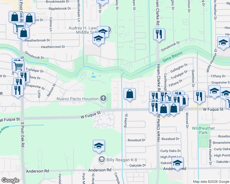 map of restaurants, bars, coffee shops, grocery stores, and more near 4814 Tiffany Drive in Houston