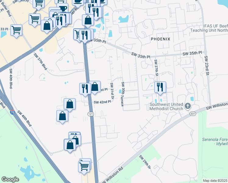 map of restaurants, bars, coffee shops, grocery stores, and more near 4215 Southwest 31st Drive in Gainesville
