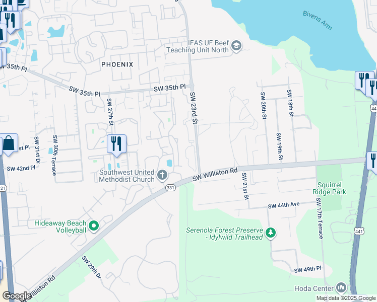 map of restaurants, bars, coffee shops, grocery stores, and more near 4000 Southwest 23rd Street in Gainesville