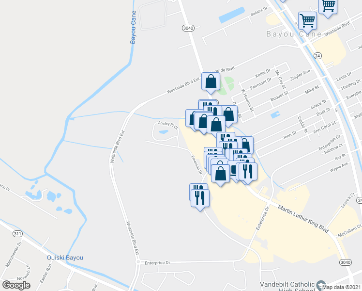 map of restaurants, bars, coffee shops, grocery stores, and more near Emerson Drive in Bayou Cane