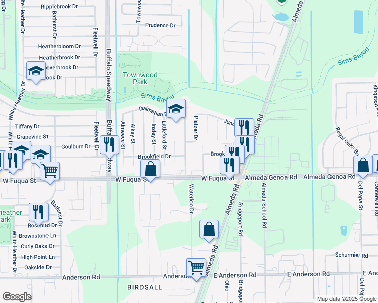 map of restaurants, bars, coffee shops, grocery stores, and more near 14503 Waterloo Drive in Houston
