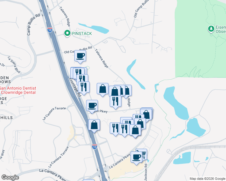 map of restaurants, bars, coffee shops, grocery stores, and more near 18103 Talavera Ridge in San Antonio