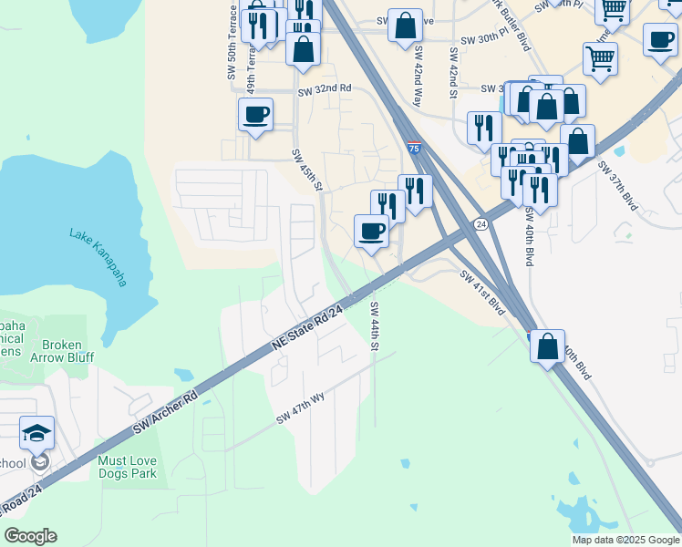 map of restaurants, bars, coffee shops, grocery stores, and more near 3414 Southwest 45 Street in Gainesville