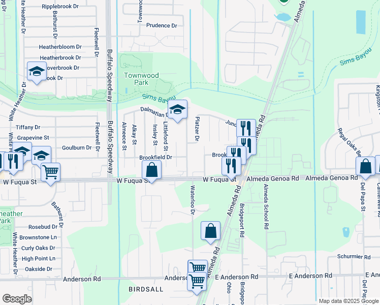 map of restaurants, bars, coffee shops, grocery stores, and more near 14503 Waterloo Drive in Houston